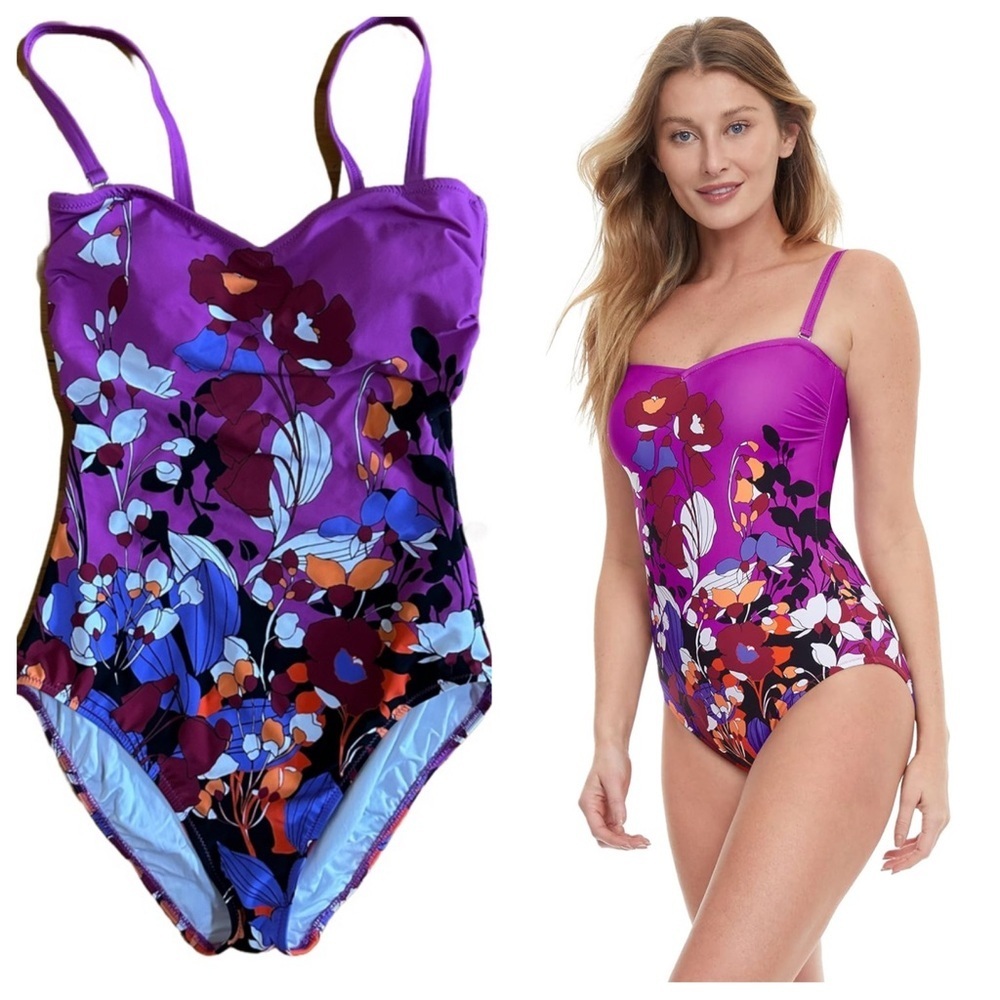 Gottex Swimwear Floral Art One-Piece Swimsuit, Plum Multicolor, Size 6